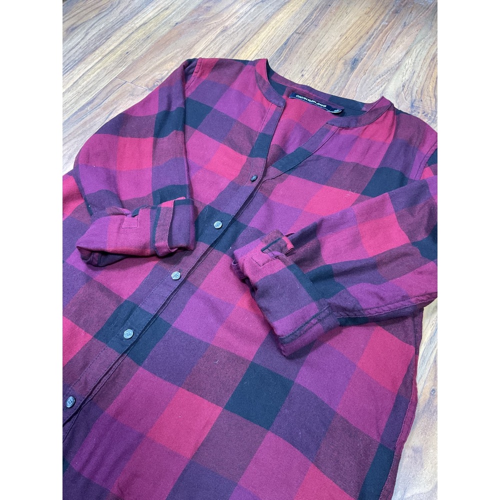 Calvin Klein Jeans Plaid Button Down Shirt M Red Black Buffalo Check Roll Tab - Picture 3 of 7
